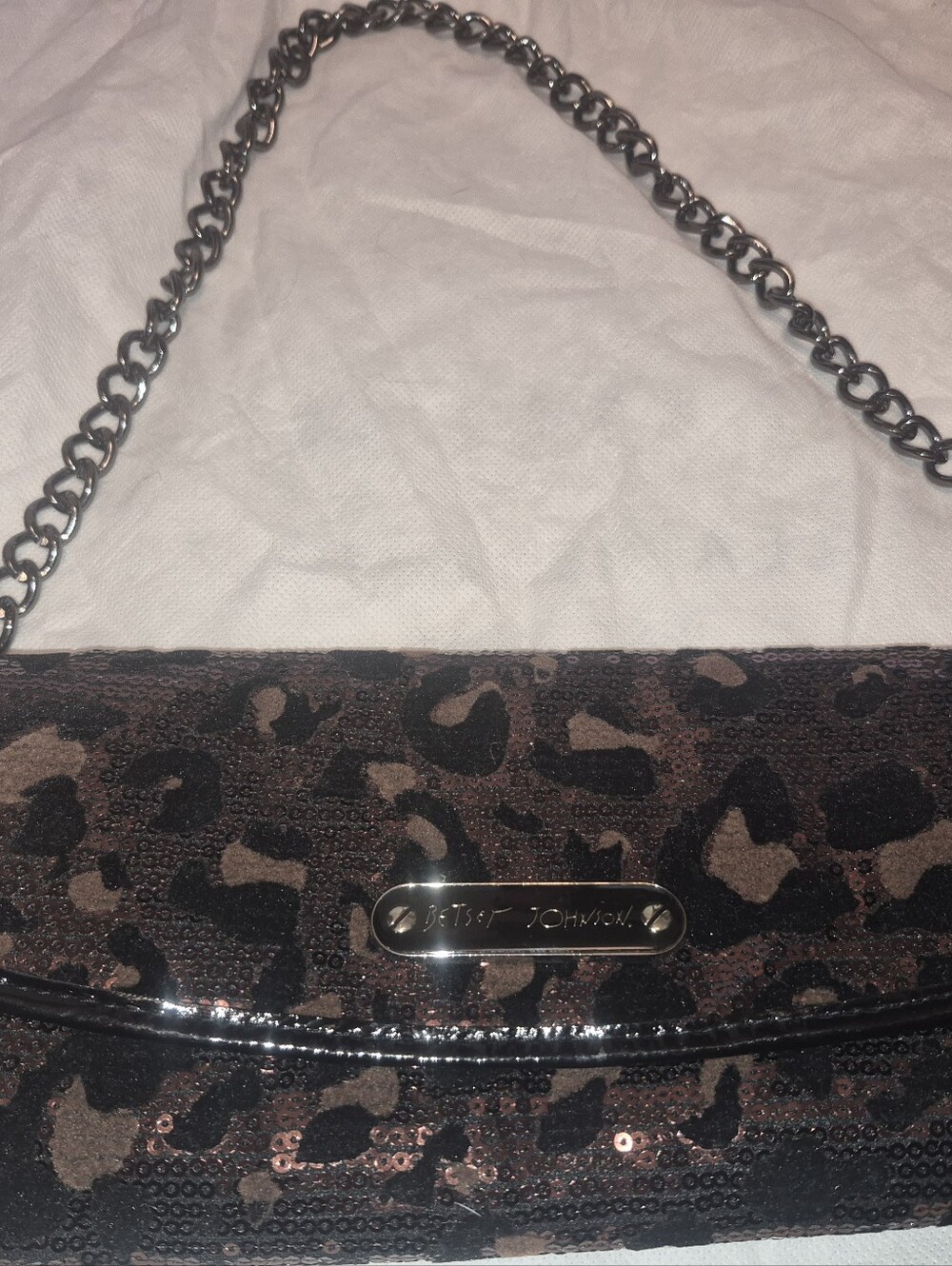 Betsey Johnson Brown Leopard Sequin Chain Shoulder Bag